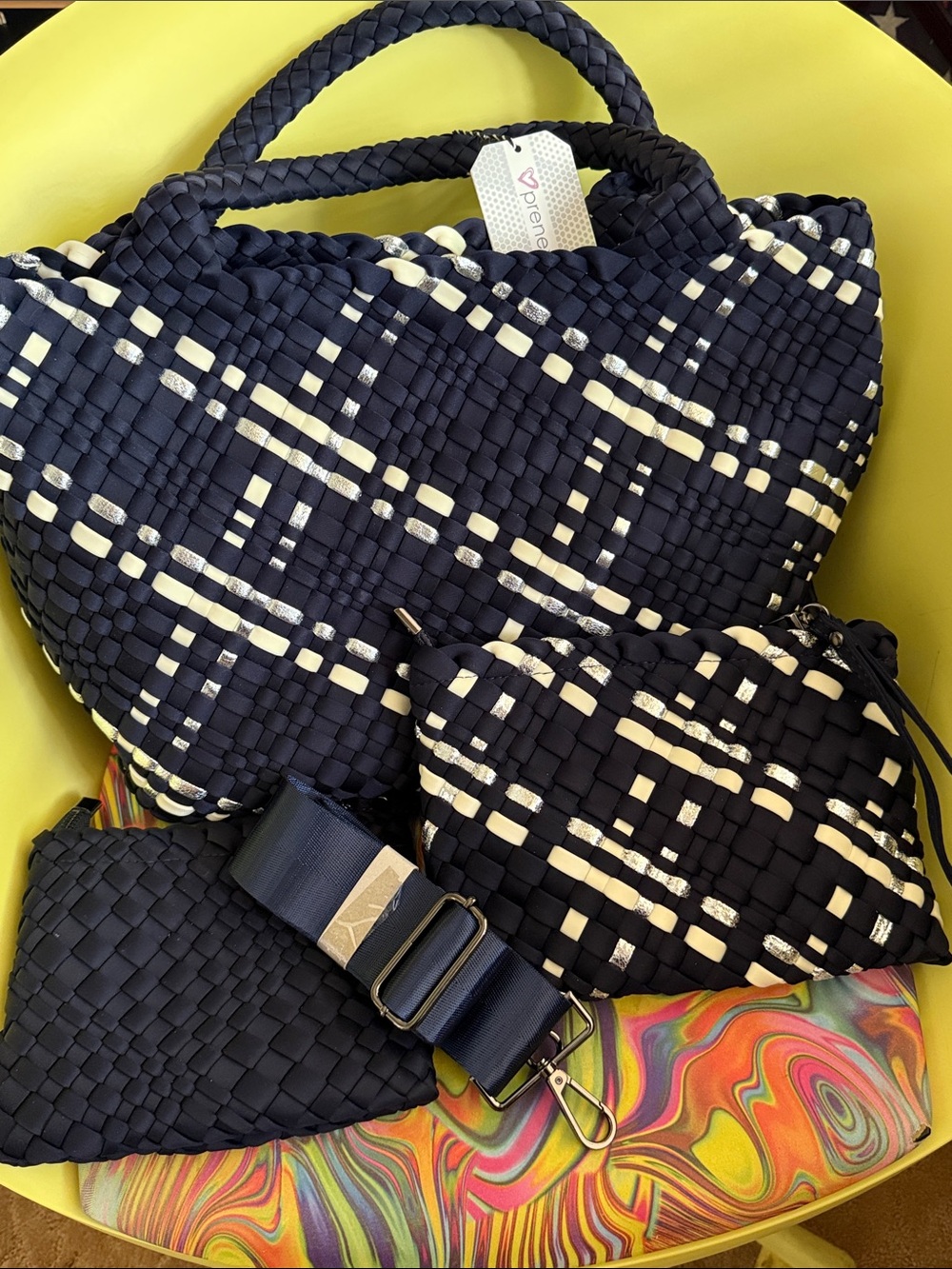 NWT PreneLOVE London woven large tote, navy,silver,cream three piece set
